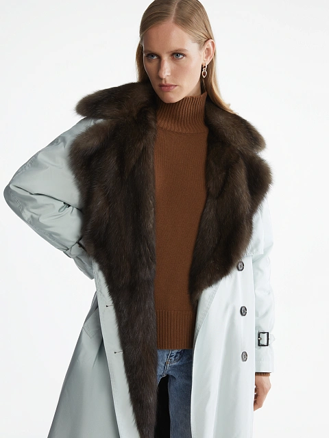 Barguzin Sable Lined Light Blue Trench Coat, 7