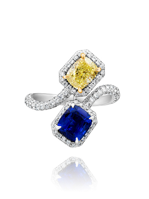 Yellow Diamond Cushion, Sapphire Cushion, Round Diamond & White Gold Ring , 6
