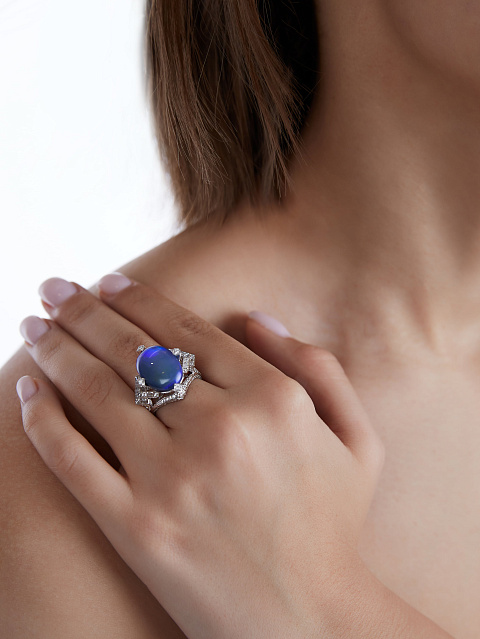 White Gold & Opal & Round Diamond Ring, 4