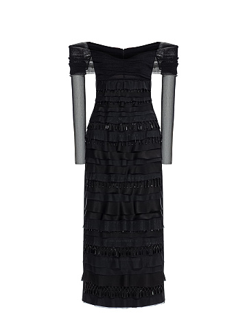 Black midi dress with fringe, 1
