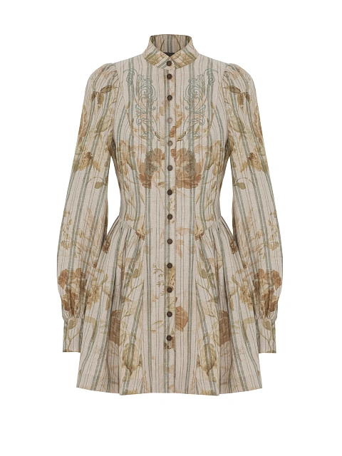Beige Floral Print Linen Mini Dress, 1 Beige Floral Print Linen Mini Dress, 1
