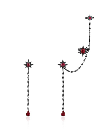Long earrings with ear cuff in blackened gold with rubies and black diamonds, 2