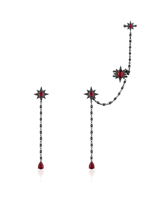 Long earrings with ear cuff in blackened gold with rubies and black diamonds, 2