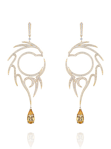 Yellow Pear Topaz, Round Diamond & Gold Earrings, 1