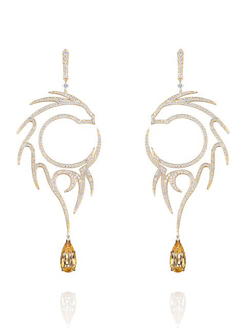 Yellow Pear Topaz, Round Diamond & Gold Earrings, 1