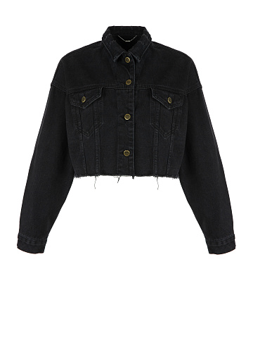 Black Cropped Distressed Denim Jacket, 1