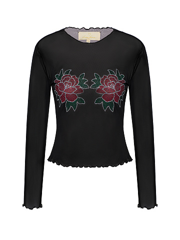 Black Rhinestones Rose Mesh Longsleeve, 1