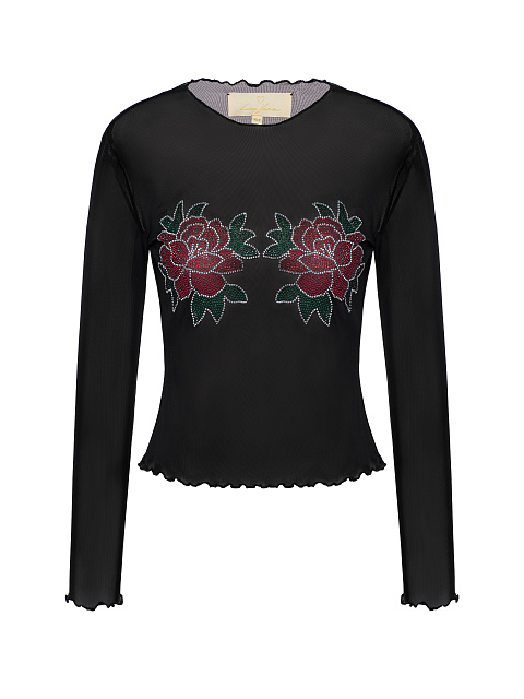 Black Rhinestones Rose Mesh Longsleeve, 1 Black Rhinestones Rose Mesh Longsleeve, 1