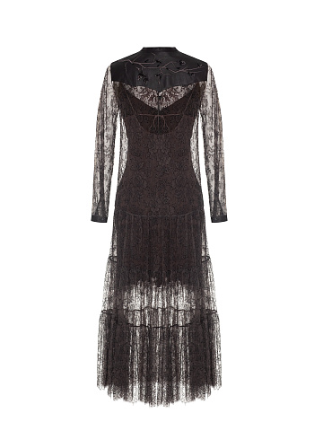 Grey-brown lace midi dress with leather, 2