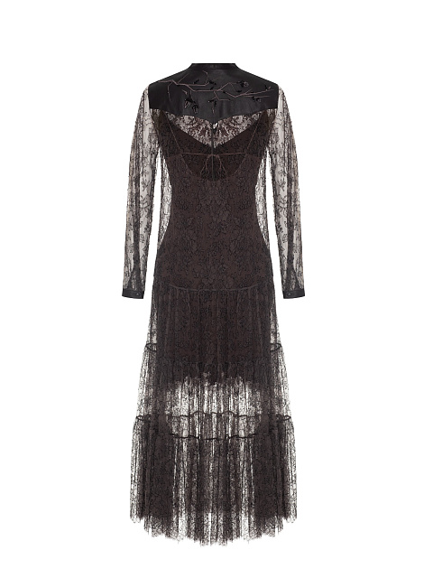 Grey-brown lace midi dress with leather, 2