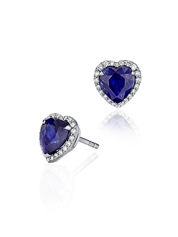 White Gold, Heart-cut Sapphires & Round-cut Diamonds Studs, 1