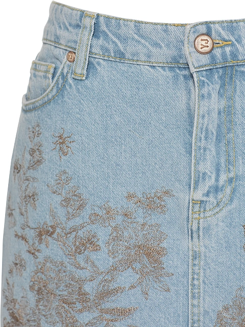 Light blue denim mini skirt with brown embroidery, 3