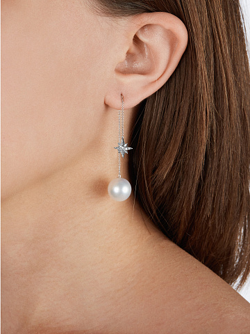 Round Diamond & White South Sea Pearl & White Gold Earrings, 2