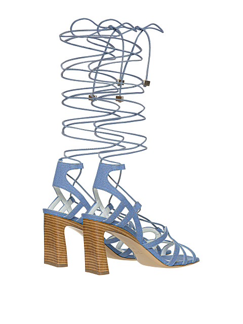 Light Blue Denim Lace Up Heeled Sandals, 3