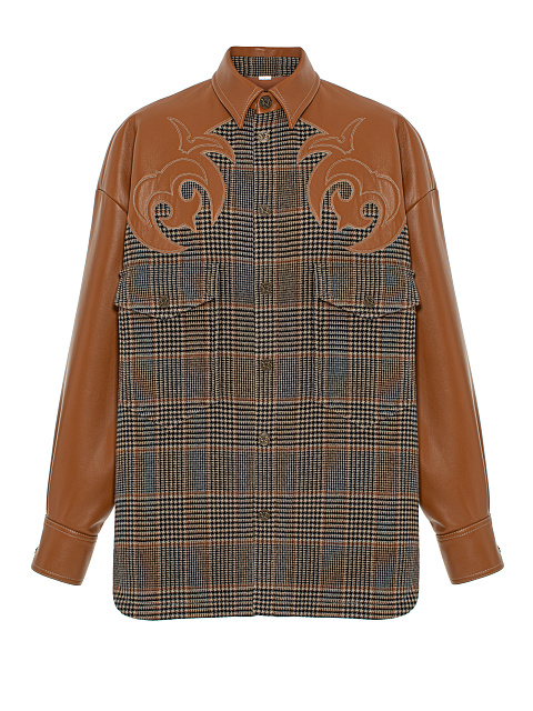 Brown Leather Trim Houndstooth Wool Shirt, 1 Brown Leather Trim Houndstooth Wool Shirt, 1