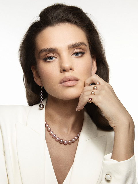 White gold earrings with pearls and spinels in dégradé shades, 4