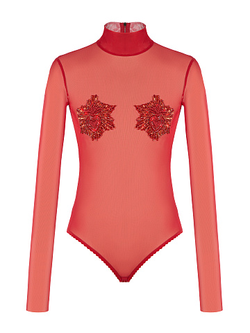 Red Embroidered Mesh Bodysuit, 1
