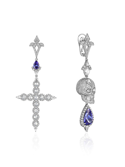 Asymmetrical white gold skull earrings with tanzanites and diamonds, 7