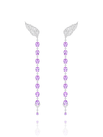 Oval Amethyst, Grey Round Diamond & White Gold Earrings, 1