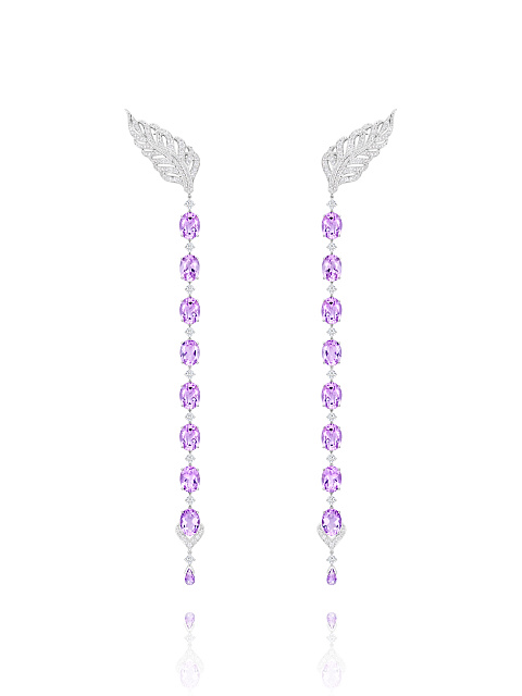 Oval Amethyst, Grey Round Diamond & White Gold Earrings, 1