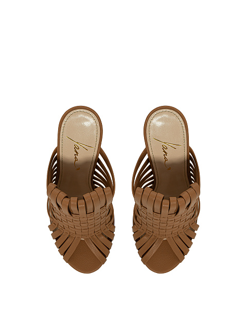 Brown Woven Leather Heeled Mules, 5