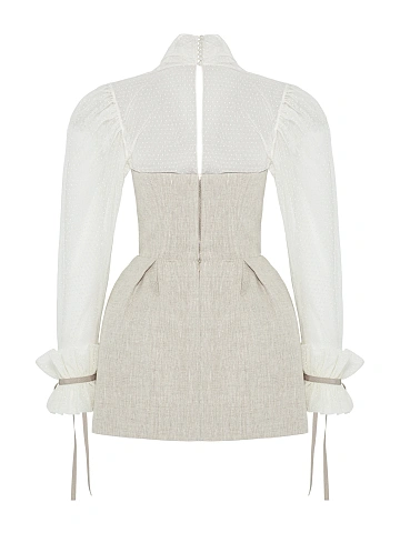 Beige Floral Embroidery Linen Mini Dress, 2