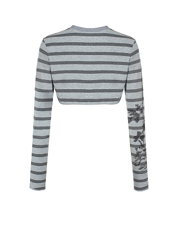 Grey Striped Cropped Longsleeve T-shirt, 2