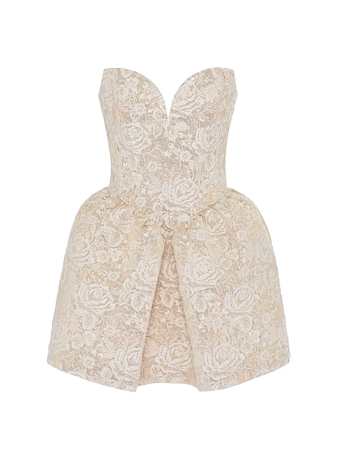 Beige & Gold Roses Brocade Mini Dress, 1 Beige & Gold Roses Brocade Mini Dress, 1