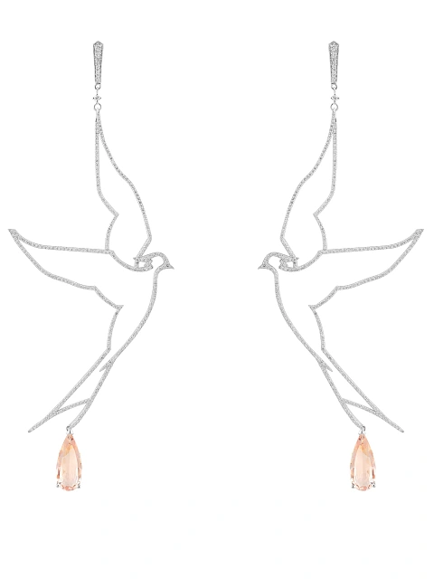 White gold bird-shaped earrings with round-cut diamonds and morganite, 1