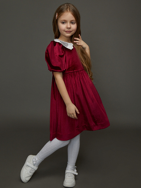 Bordeaux Lace Collar Velvet Girl's Dress, 2 Bordeaux Lace Collar Velvet Girl's Dress, 2