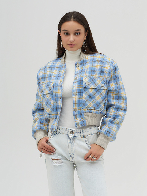 Light Blue Plaid Cropped Bomber Jacket, 5 Light Blue Plaid Cropped Bomber Jacket, 5