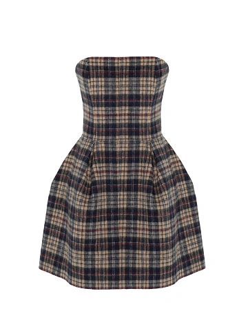 Beige Check Wool Mini Dress, 1