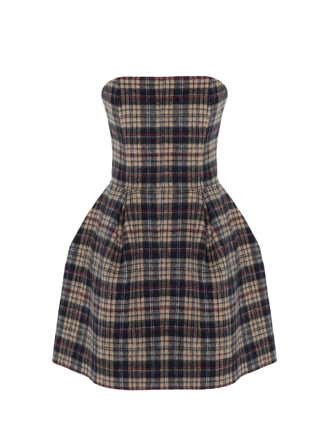 Beige Check Wool Mini Dress, 1 Beige Check Wool Mini Dress, 1