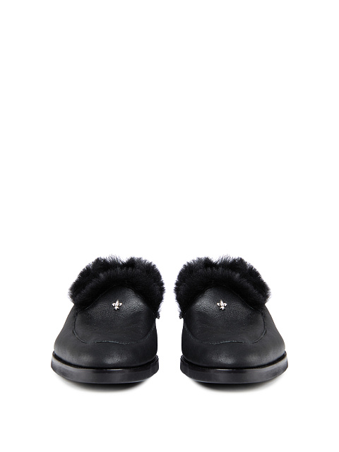 Black Leather Fur Trimmed Loafers, 2