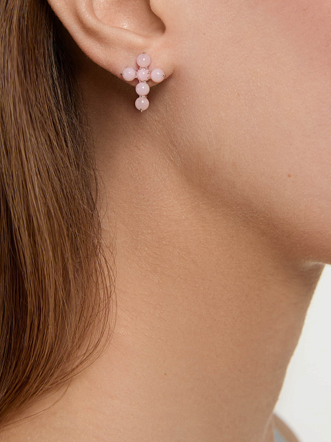 White gold stud earrings in the shape of crosses with pink opal, 5
