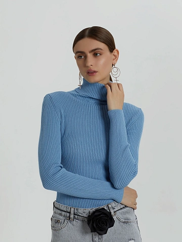 Dark Blue Rib Knit Jersey Turtleneck, 2