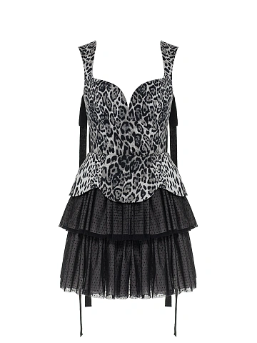 Grey Leopard Print Cotton & Mesh Mini Dress, 1