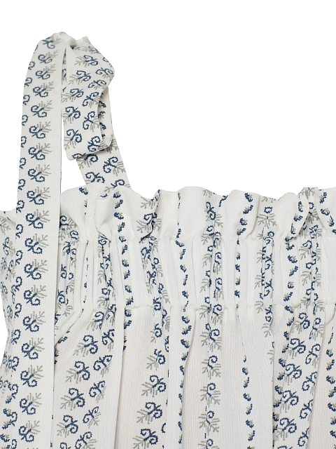 White Top With Blue Print And Tie Straps, 3 White Top With Blue Print And Tie Straps, 3