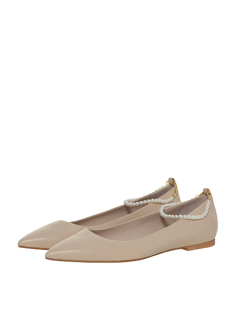 Beige Leather Ballerinas With Pointed Toe And Pearls, 1