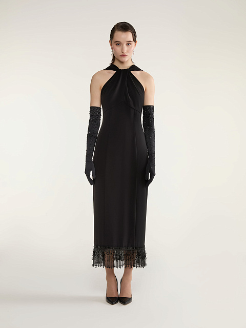 Black Off Shoulder Midi Dress with Fringe, 3