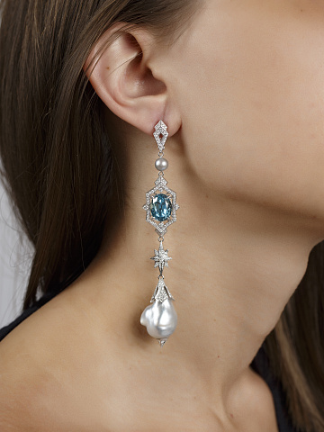 White Gold Zircon Pearl Diamond Earrings, 2