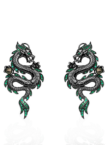 Black Gold, Emeralds & Black Pearls Earrings, 1