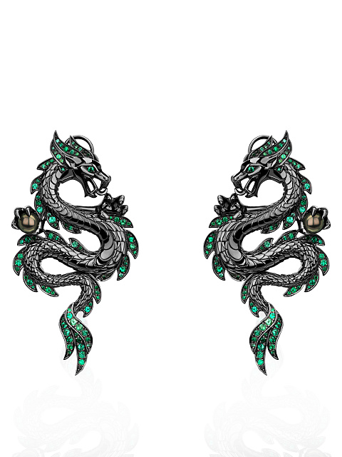 Black Gold, Emeralds & Black Pearls Earrings, 1
