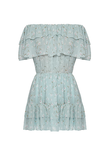 Light Blue Flower Printed Off Shoulder Mini Dress, 1