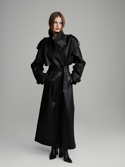 Black Textured Leather Trench Coat, 16 Black Textured Leather Trench Coat, 16