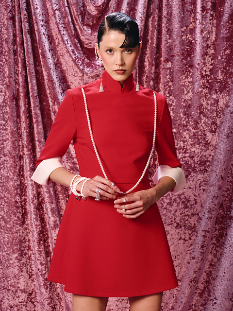 Red Mini Dress With White Pearls, 3 Red Mini Dress With White Pearls, 3