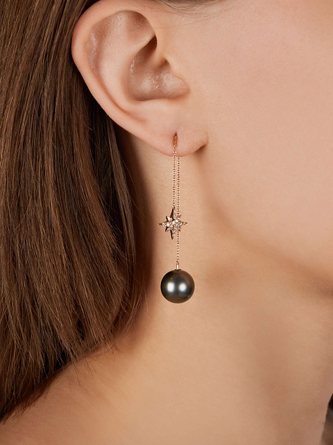 Earrings in rose gold with brown pearls and brown diamonds , 2