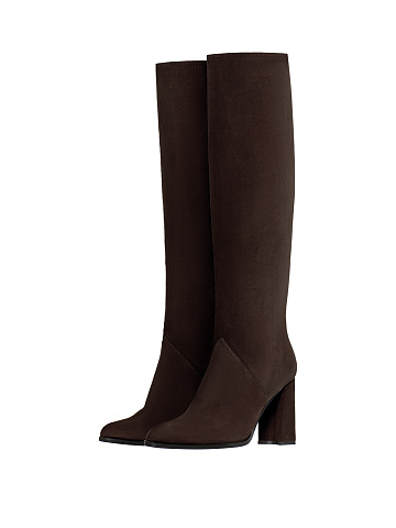 Dark Brown Suede Heeled Long Boots, 1