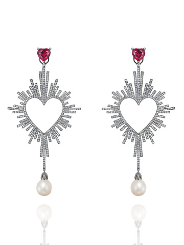 Blackened gold earrings with rubies and pearls, 1