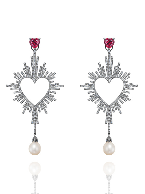 Blackened gold earrings with rubies and pearls, 1